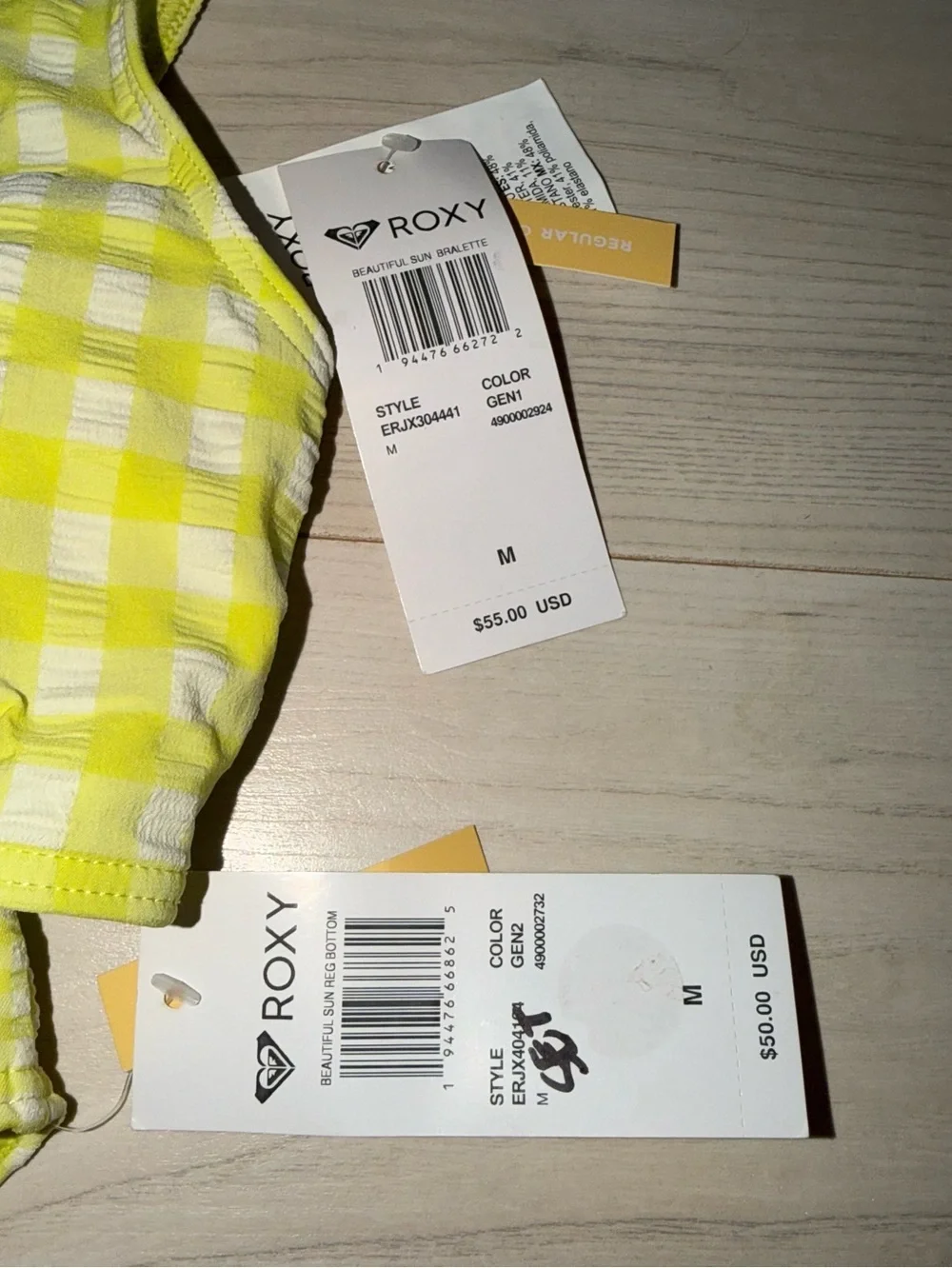 Roxy Yellow/Green Gingham Bikini Set NWT